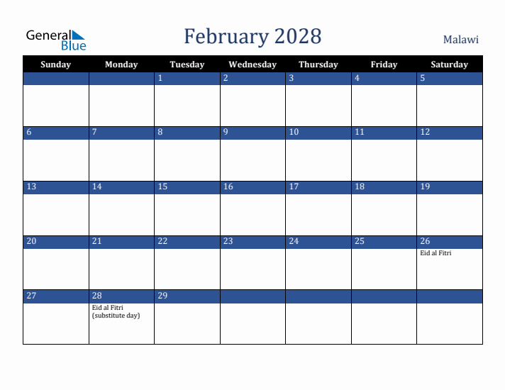 February 2028 Malawi Calendar (Sunday Start)