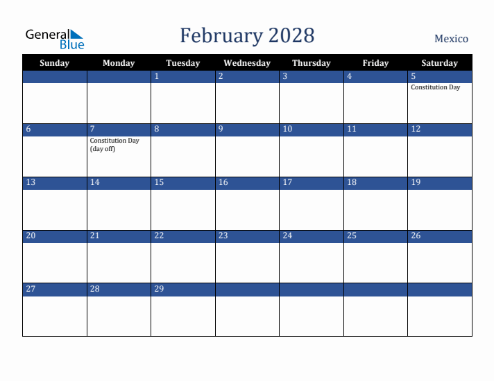 February 2028 Mexico Calendar (Sunday Start)