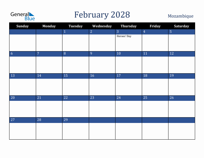 February 2028 Mozambique Calendar (Sunday Start)