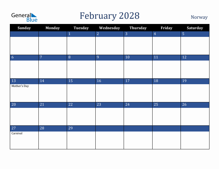 February 2028 Norway Calendar (Sunday Start)