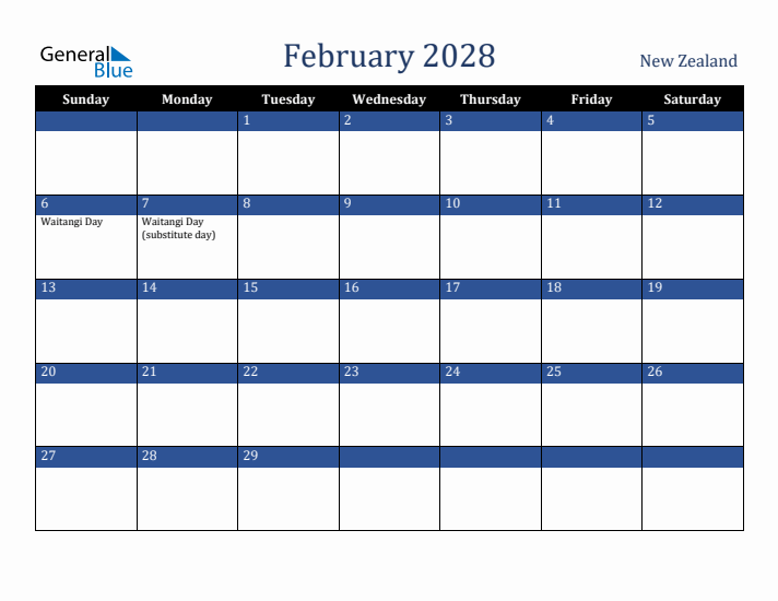 February 2028 New Zealand Calendar (Sunday Start)