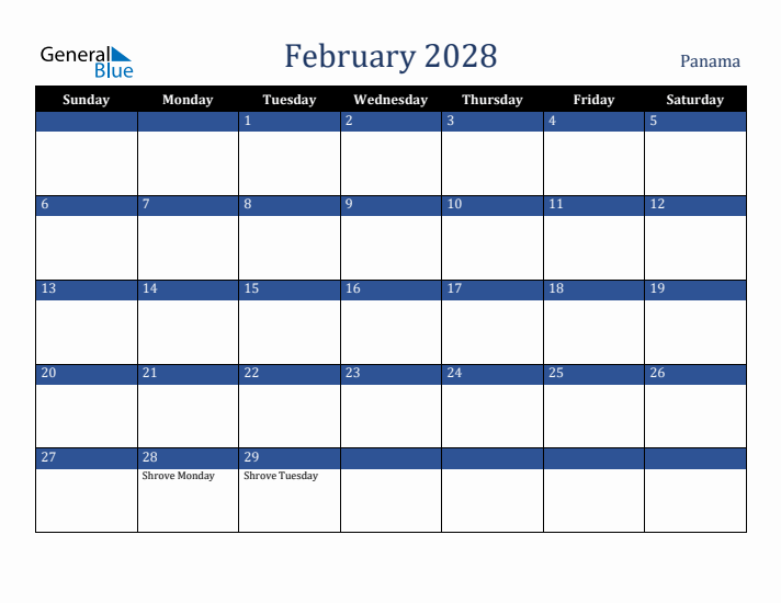 February 2028 Panama Calendar (Sunday Start)