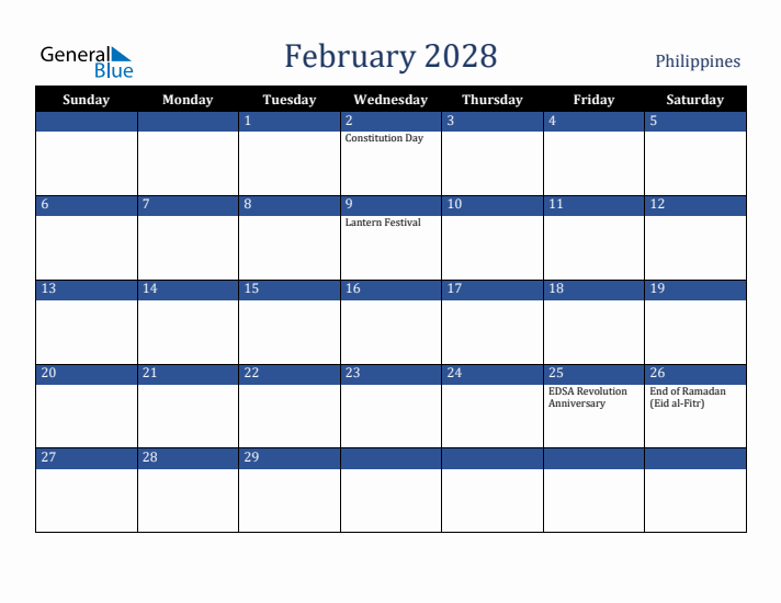 February 2028 Philippines Calendar (Sunday Start)