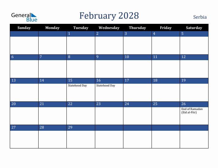February 2028 Serbia Calendar (Sunday Start)