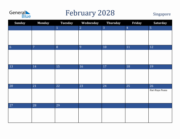 February 2028 Singapore Calendar (Sunday Start)