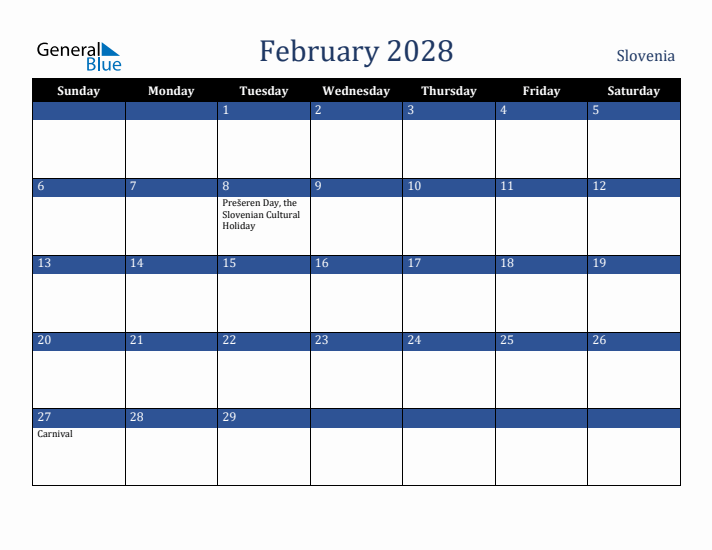 February 2028 Slovenia Calendar (Sunday Start)