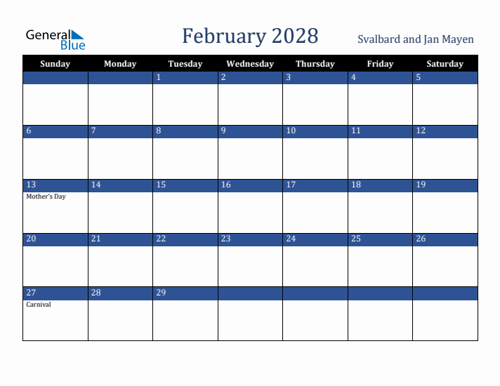 February 2028 Svalbard and Jan Mayen Calendar (Sunday Start)