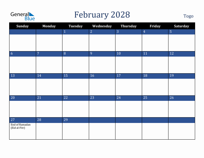 February 2028 Togo Calendar (Sunday Start)