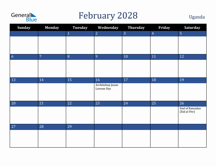February 2028 Uganda Calendar (Sunday Start)