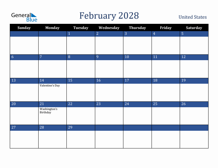 February 2028 United States Calendar (Sunday Start)