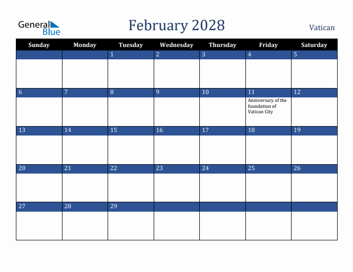 February 2028 Vatican Calendar (Sunday Start)