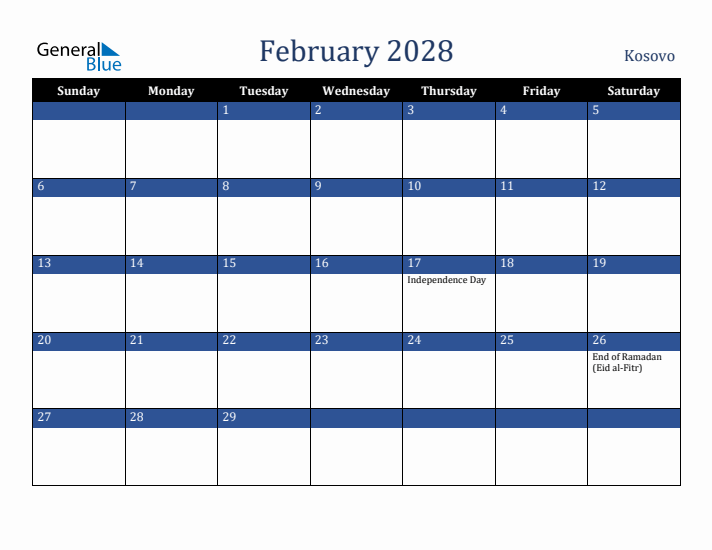 February 2028 Kosovo Calendar (Sunday Start)
