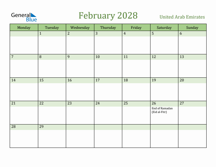 February 2028 Calendar with United Arab Emirates Holidays