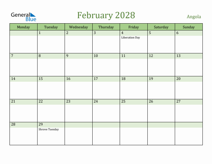 February 2028 Calendar with Angola Holidays