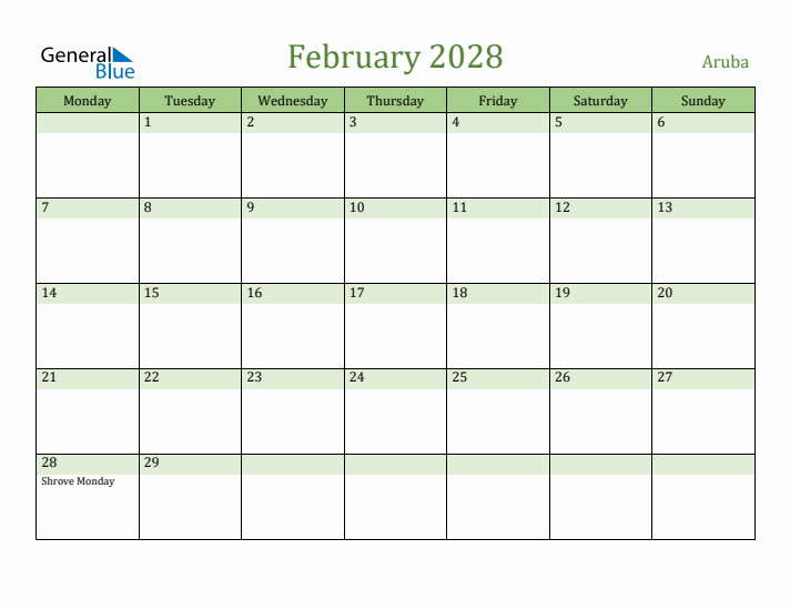 February 2028 Calendar with Aruba Holidays