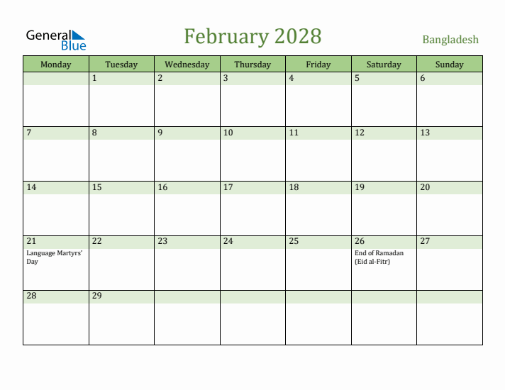 February 2028 Calendar with Bangladesh Holidays