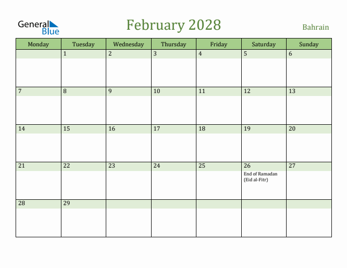 February 2028 Calendar with Bahrain Holidays