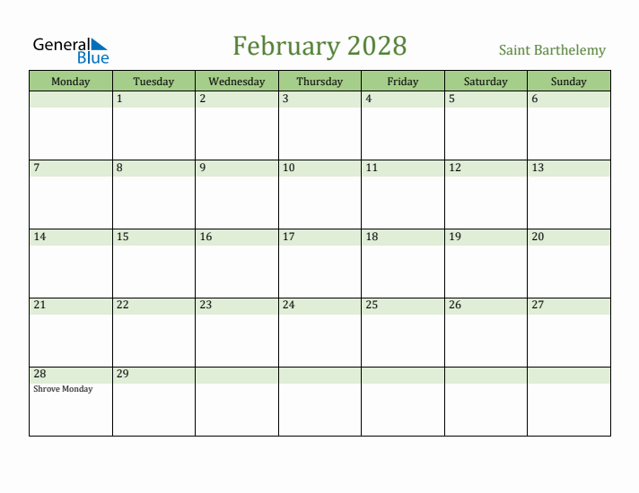 February 2028 Calendar with Saint Barthelemy Holidays