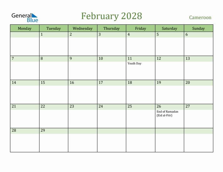 February 2028 Calendar with Cameroon Holidays