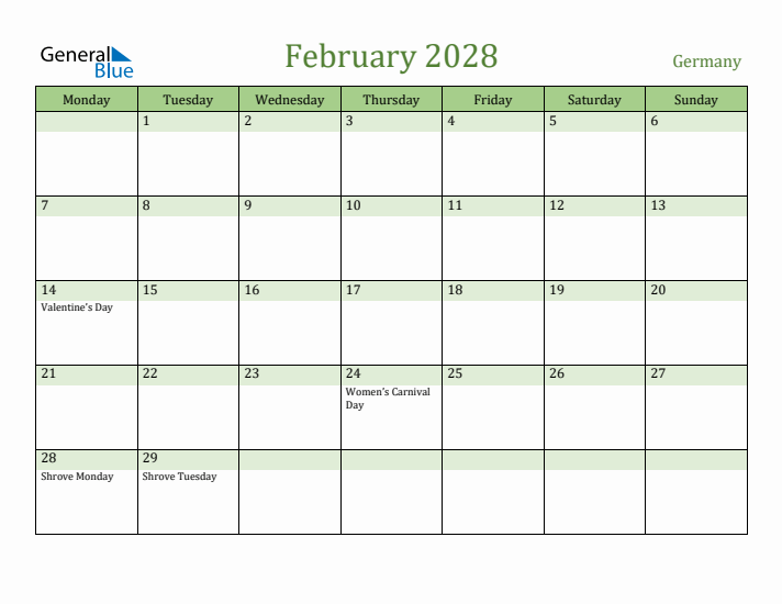 February 2028 Calendar with Germany Holidays