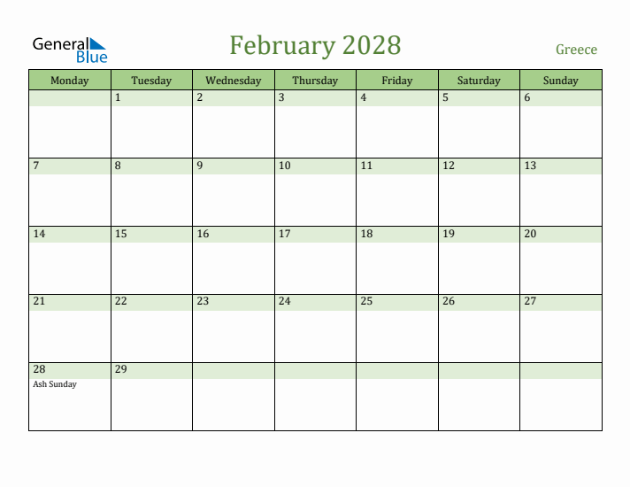 February 2028 Calendar with Greece Holidays