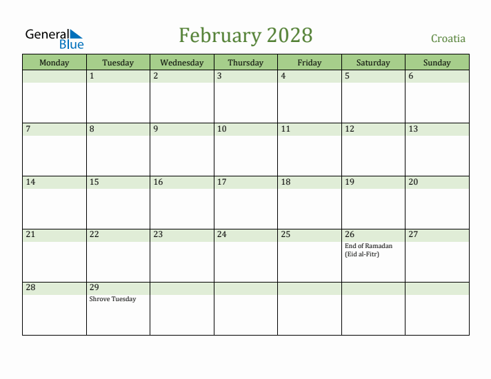 February 2028 Calendar with Croatia Holidays