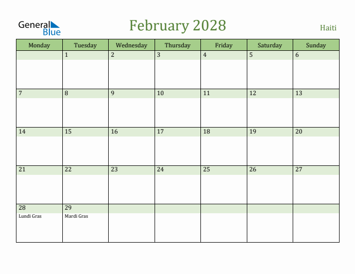 February 2028 Calendar with Haiti Holidays