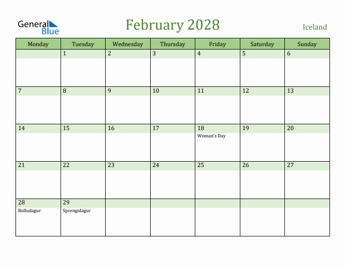 February 2028 Calendar with Iceland Holidays