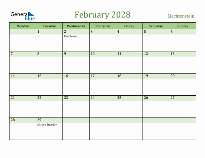 February 2028 Calendar with Liechtenstein Holidays