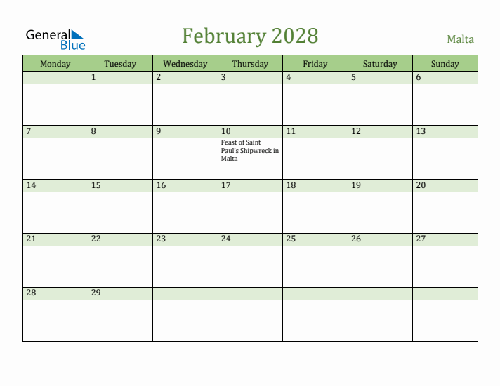 February 2028 Calendar with Malta Holidays