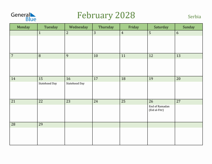 February 2028 Calendar with Serbia Holidays