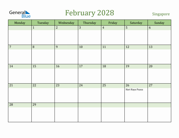 February 2028 Calendar with Singapore Holidays