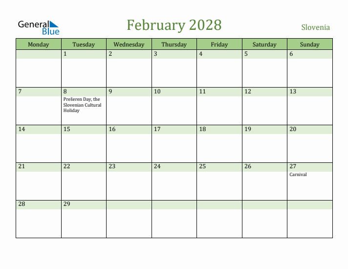 February 2028 Calendar with Slovenia Holidays