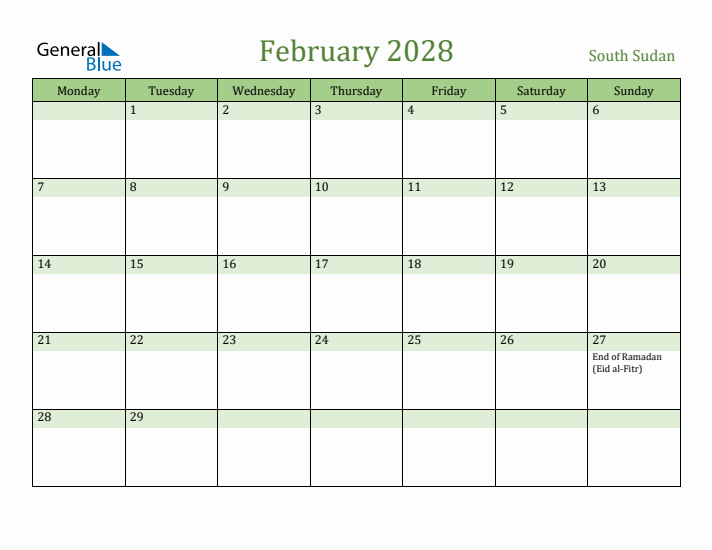 February 2028 Calendar with South Sudan Holidays