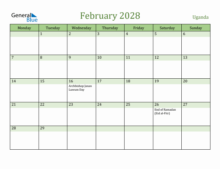 February 2028 Calendar with Uganda Holidays