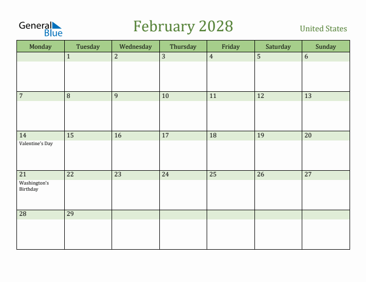 February 2028 Calendar with United States Holidays