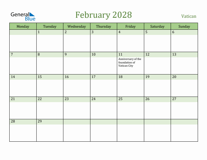 February 2028 Calendar with Vatican Holidays