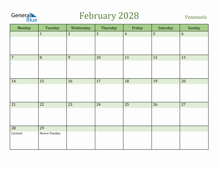 February 2028 Calendar with Venezuela Holidays