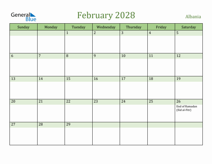 February 2028 Calendar with Albania Holidays