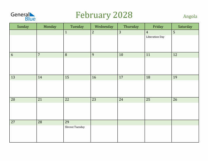 February 2028 Calendar with Angola Holidays