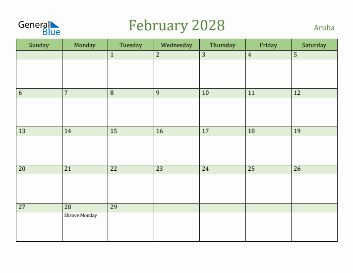 February 2028 Calendar with Aruba Holidays