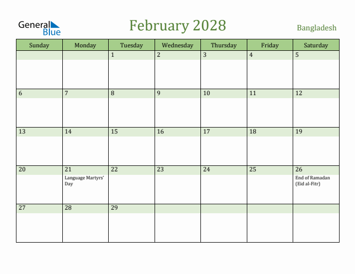 February 2028 Calendar with Bangladesh Holidays