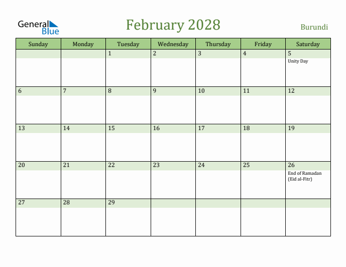 February 2028 Calendar with Burundi Holidays