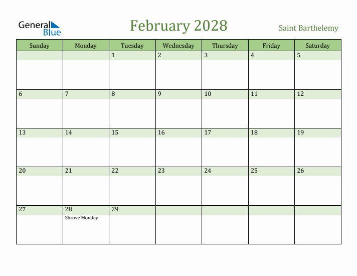 February 2028 Calendar with Saint Barthelemy Holidays