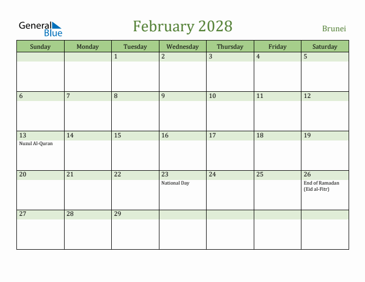 February 2028 Calendar with Brunei Holidays