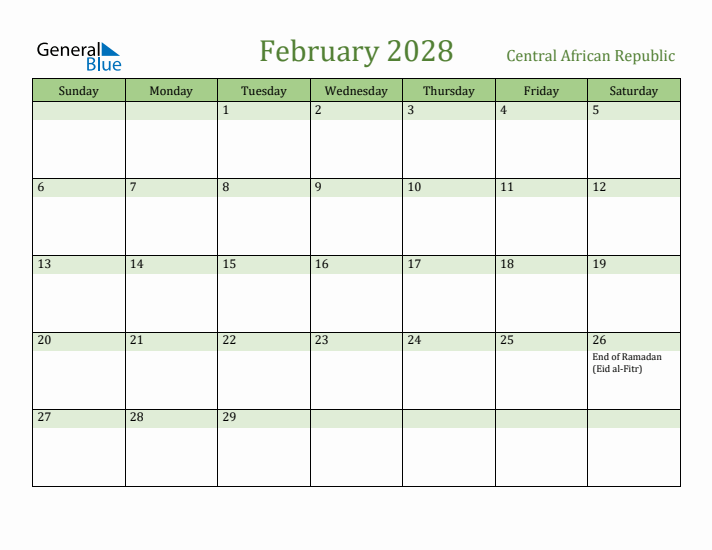 February 2028 Calendar with Central African Republic Holidays