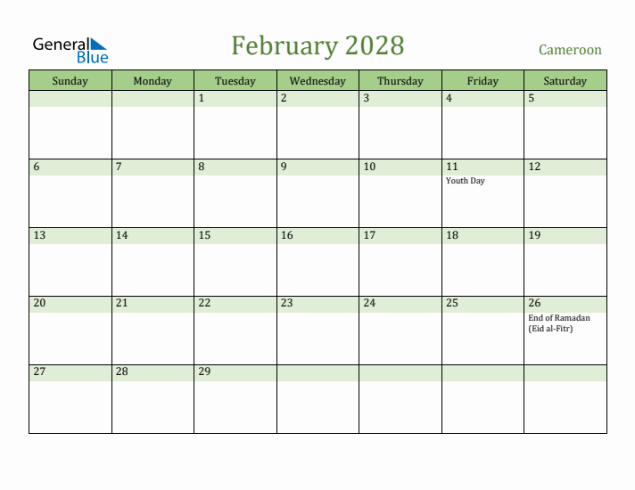 February 2028 Calendar with Cameroon Holidays