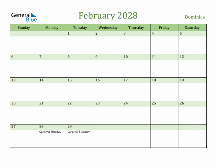 February 2028 Calendar with Dominica Holidays