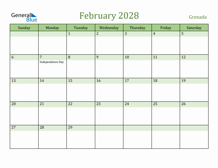February 2028 Calendar with Grenada Holidays