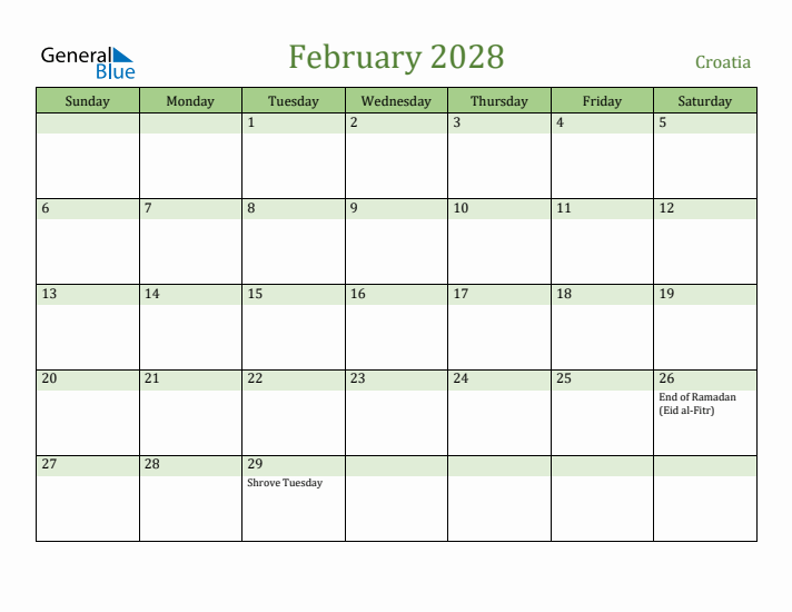 February 2028 Calendar with Croatia Holidays